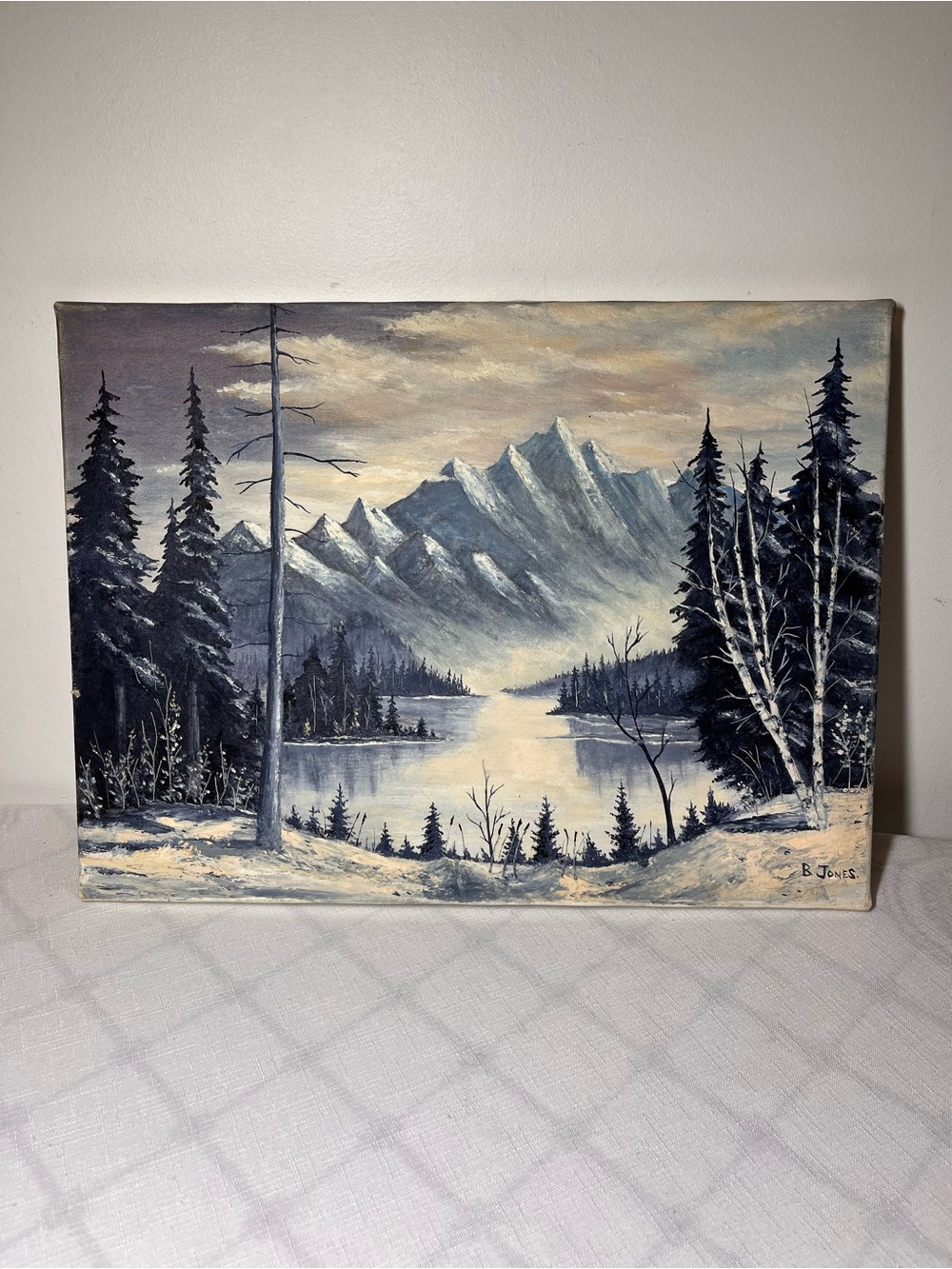 Winter landscape original oil painting 
signed "B. Jones"
Blue Mountain Lake